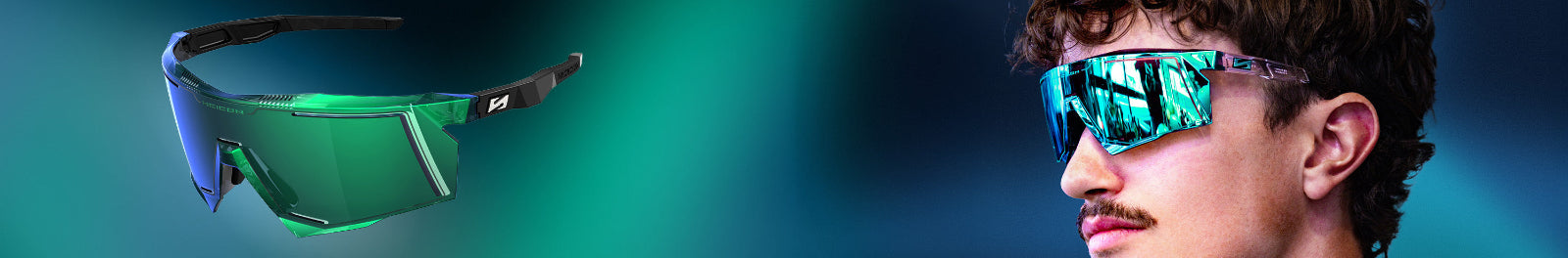 Sunglasses with reflective green lenses on a gradient blue background