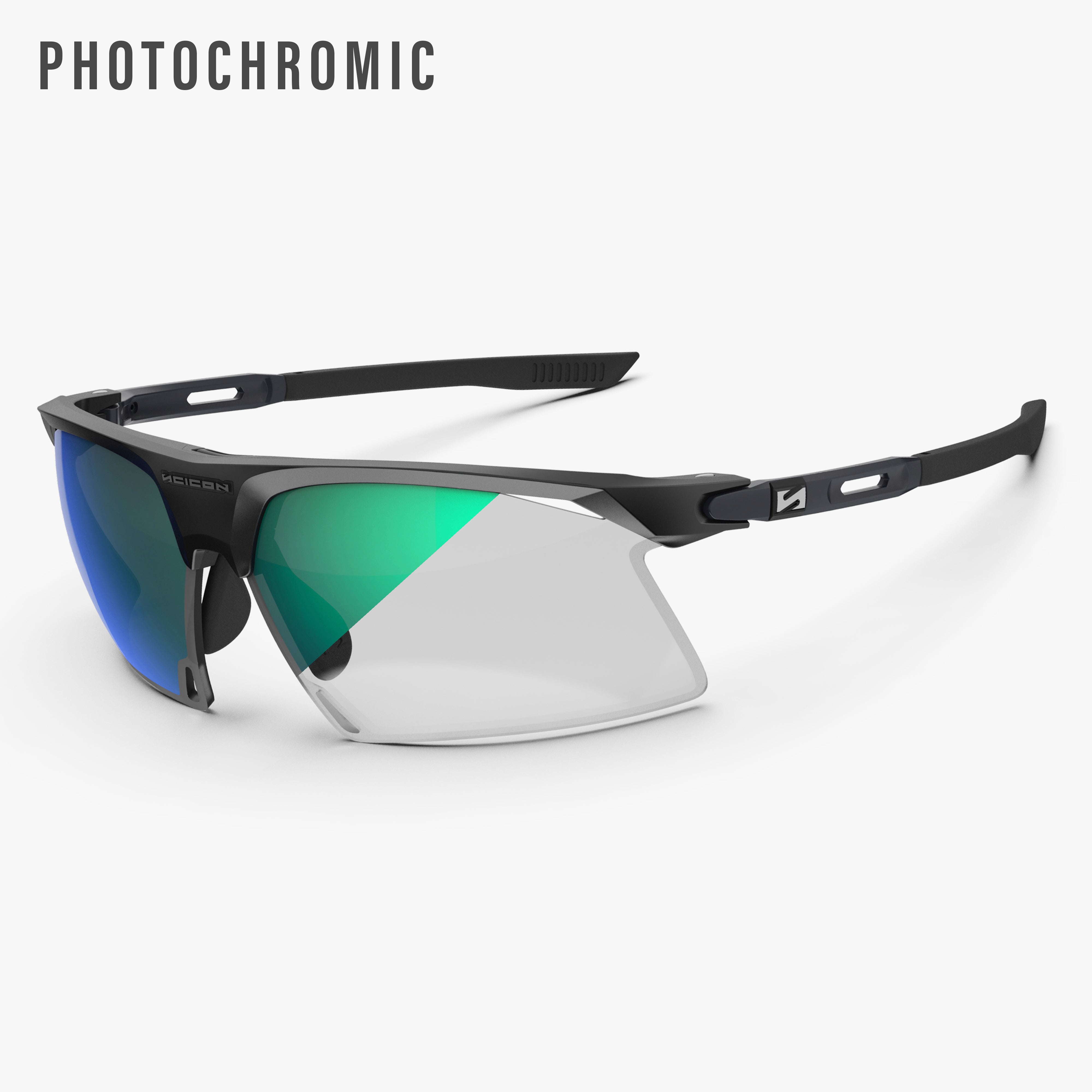 Aerobeam Matte Black + Photochromic Clear to Multimirror Blue Green hero